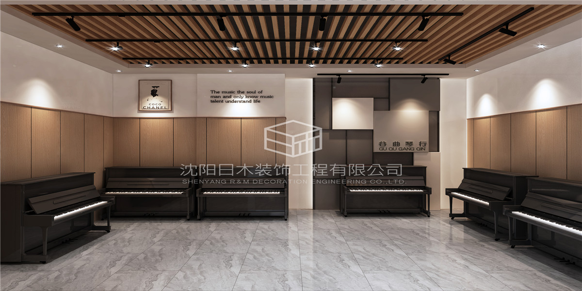 钢琴样式的背景墙搭配着白色的琴行名字,黑白条纹的钢琴造型的楼梯